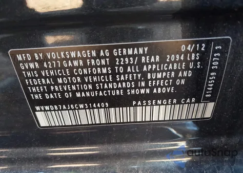 2012 Volkswagen Golf 2.5L 4-Door из США, поврежденный, VIN WVWDB7AJ6CW314409